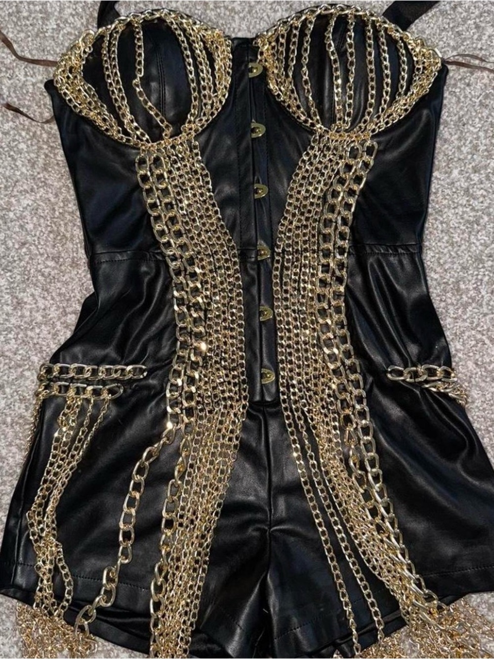 AKIRA Black Faux Leather Chain-Trim Romper